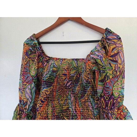 Live 4 Truth Blouse Womens M Boho Bell Sleeve Crop Smocked Colorful Indie Hippie - Picture 2 of 9